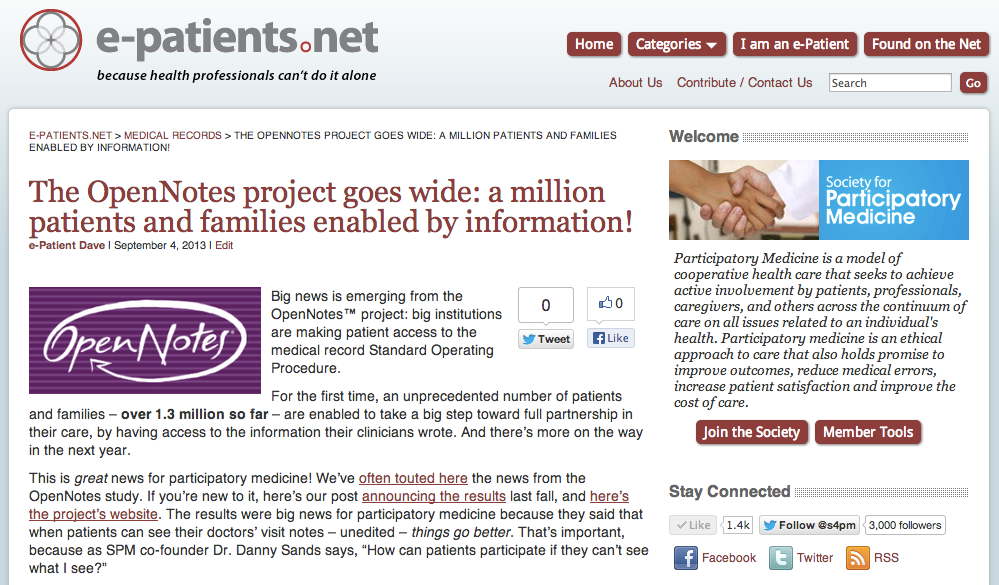 Screen capture of OpenNotes post on e-patients.net