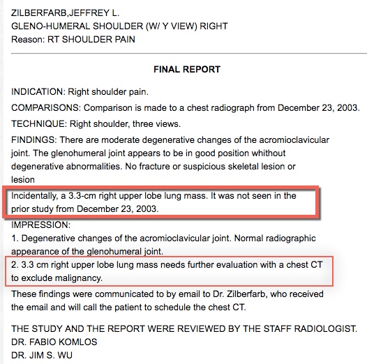 Shoulder x-ray radiologist report with incidental finding