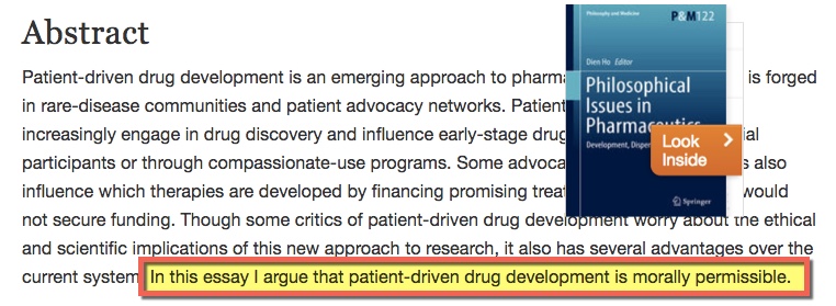 Screen capture of abstract "patient-driven drug development is morally permissible"