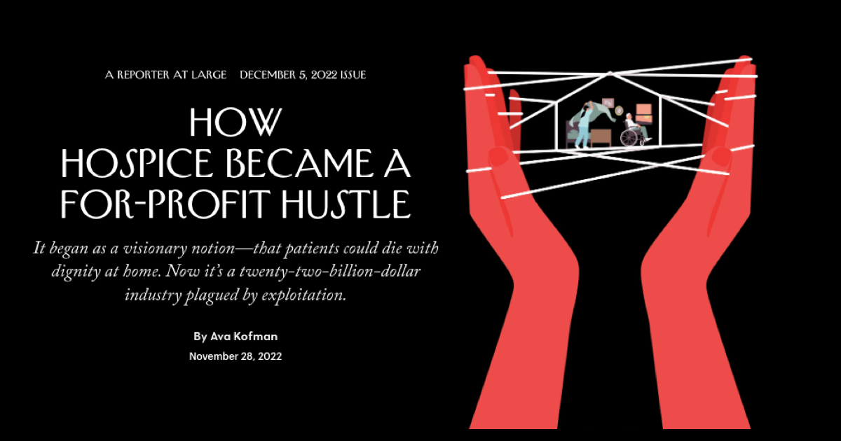 For-profit hospice is a vast crime scene, and private equity is holding the  knife